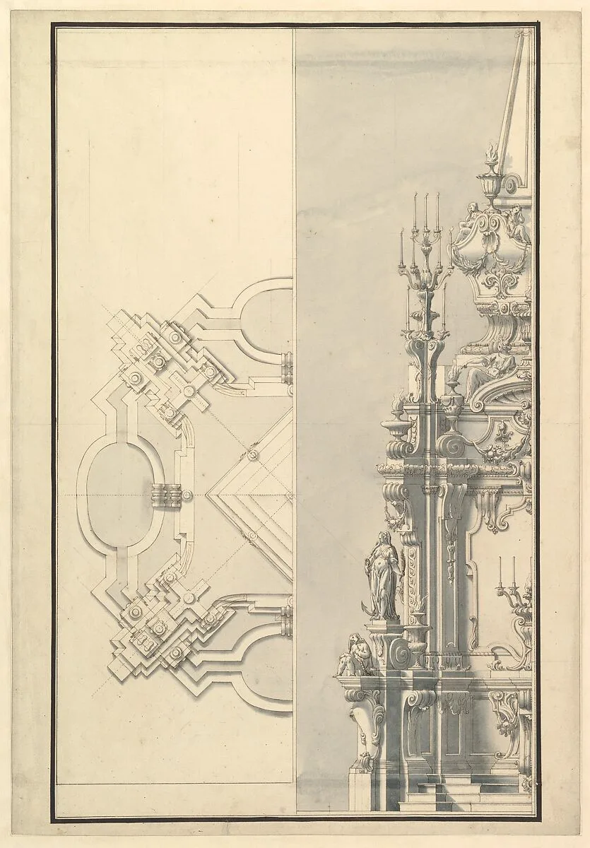 Half Ground Plan and Half Elevation for a Catafalque for a Queen of Sardinia — Giuseppe Galli Bibiena