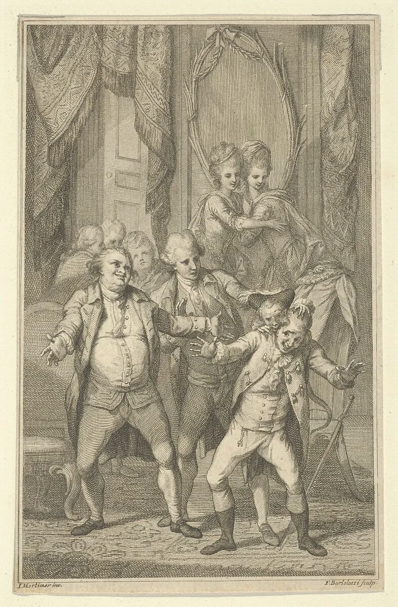 Frontispiece for Fanny Burney's "Evelina": Mr. Lovel Bitten in the Ear by Captain Mirvan's Monkey, vol. III — Francesco Bartolozzi|John Hamilton Mortimer|T. Lowndes|Frances Burney
