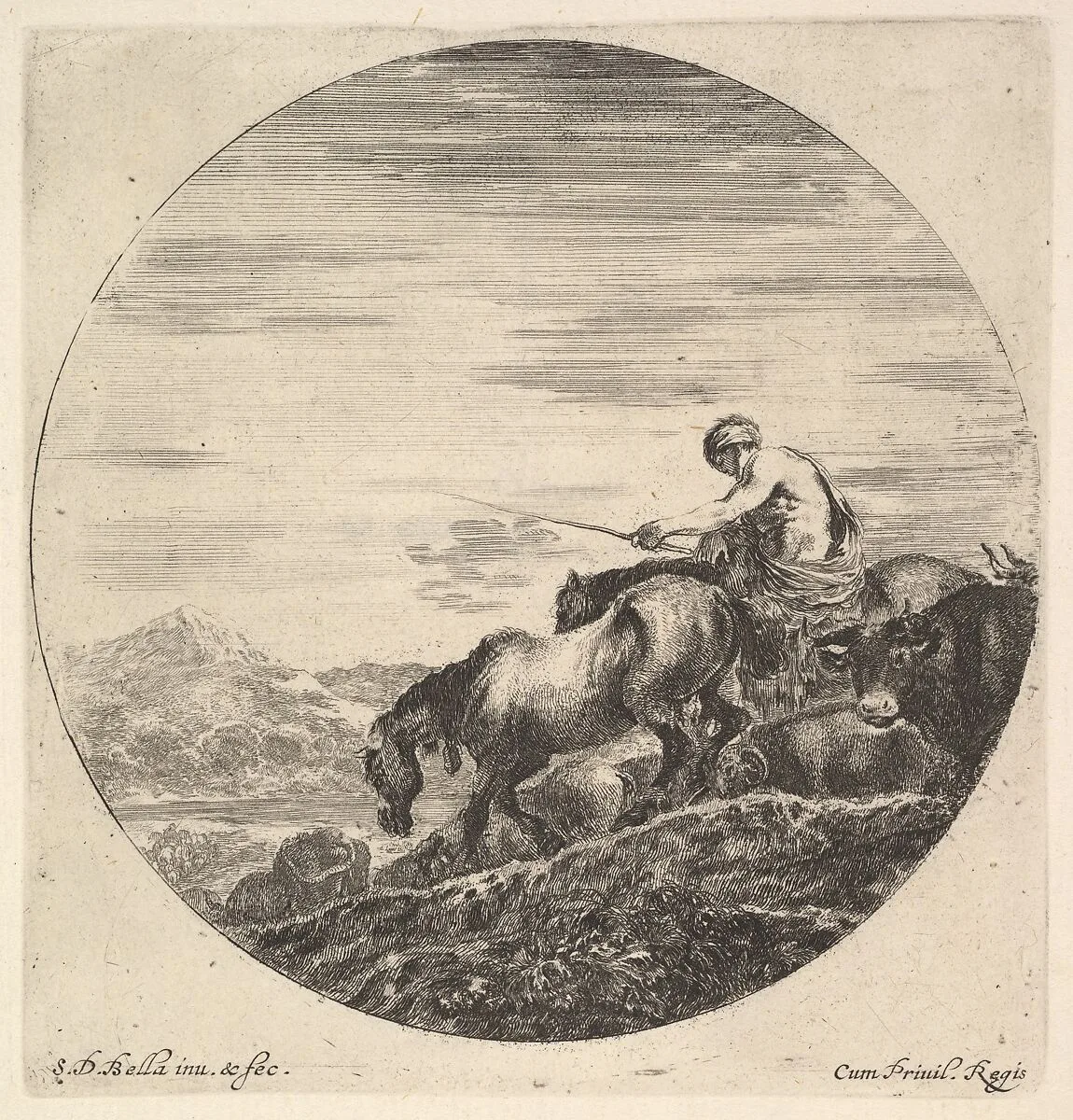 A shepherd at right, facing left, driving a group of animals downhill, a round composition, from 'Six animal subjects' (Six sujets d'animaux) — Stefano della Bella