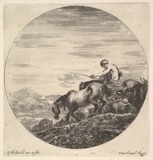A shepherd at right, facing left, driving a group of animals downhill, a round composition, from 'Six animal subjects' (Six sujets d'animaux)