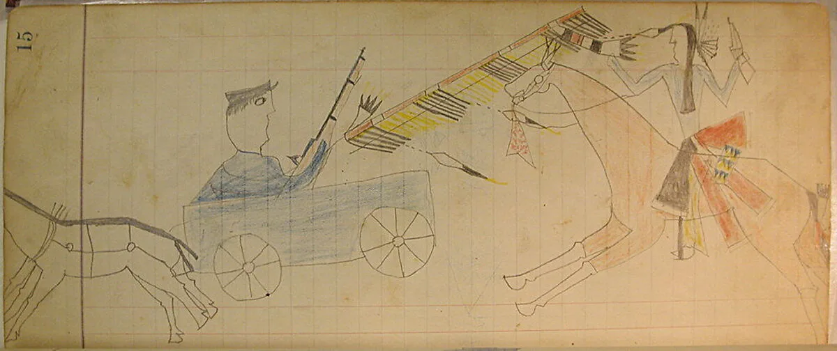 Maffet Ledger: Indian on horseback, soldier in wagon — Unknown
