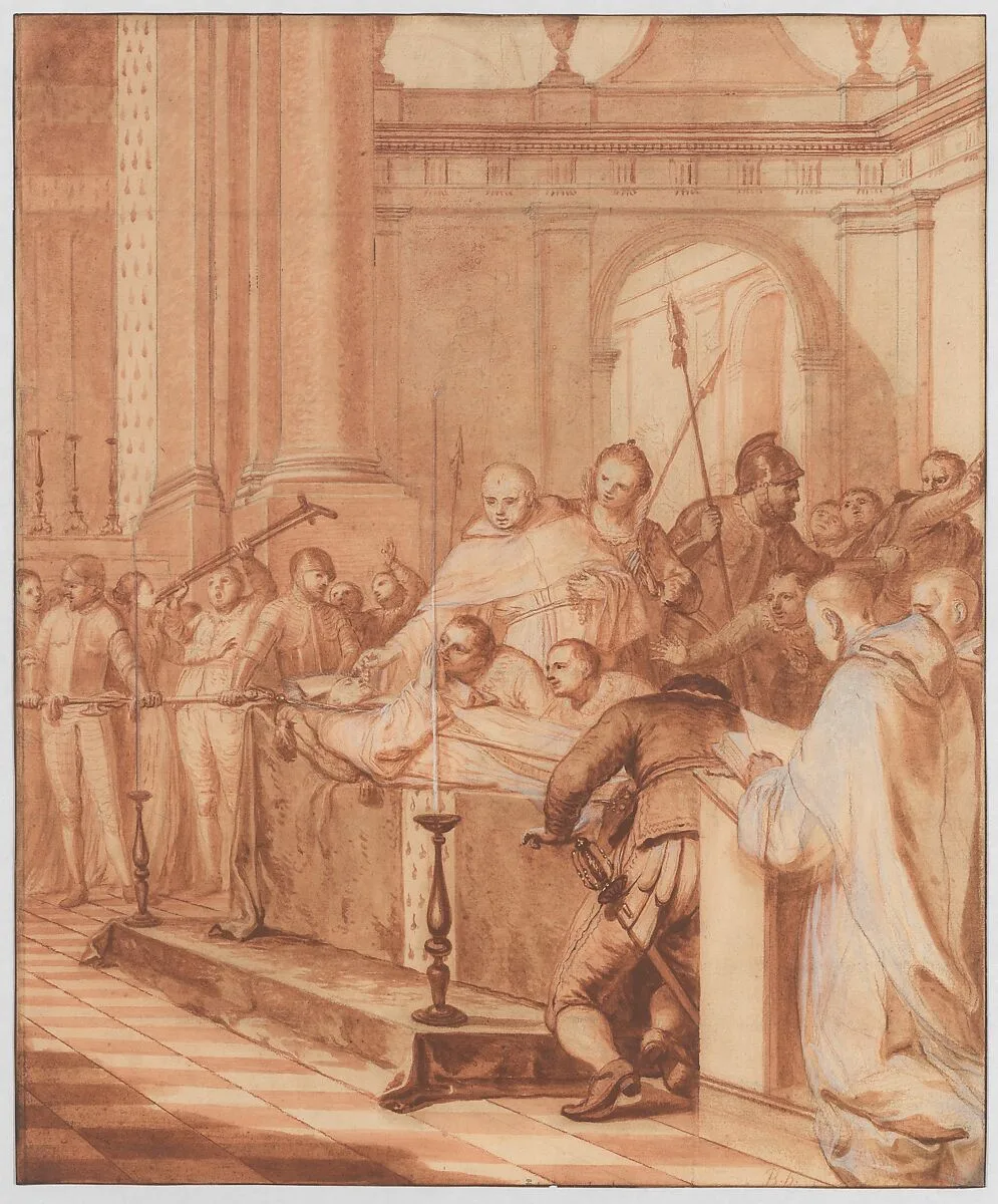 Scene 34: To satisfy the devotion of the people, they are forced to leave the Blessed Abbot's body on display for three days; many miracles are performed — Matthieu Elias|Reverend Jean de la Barrière