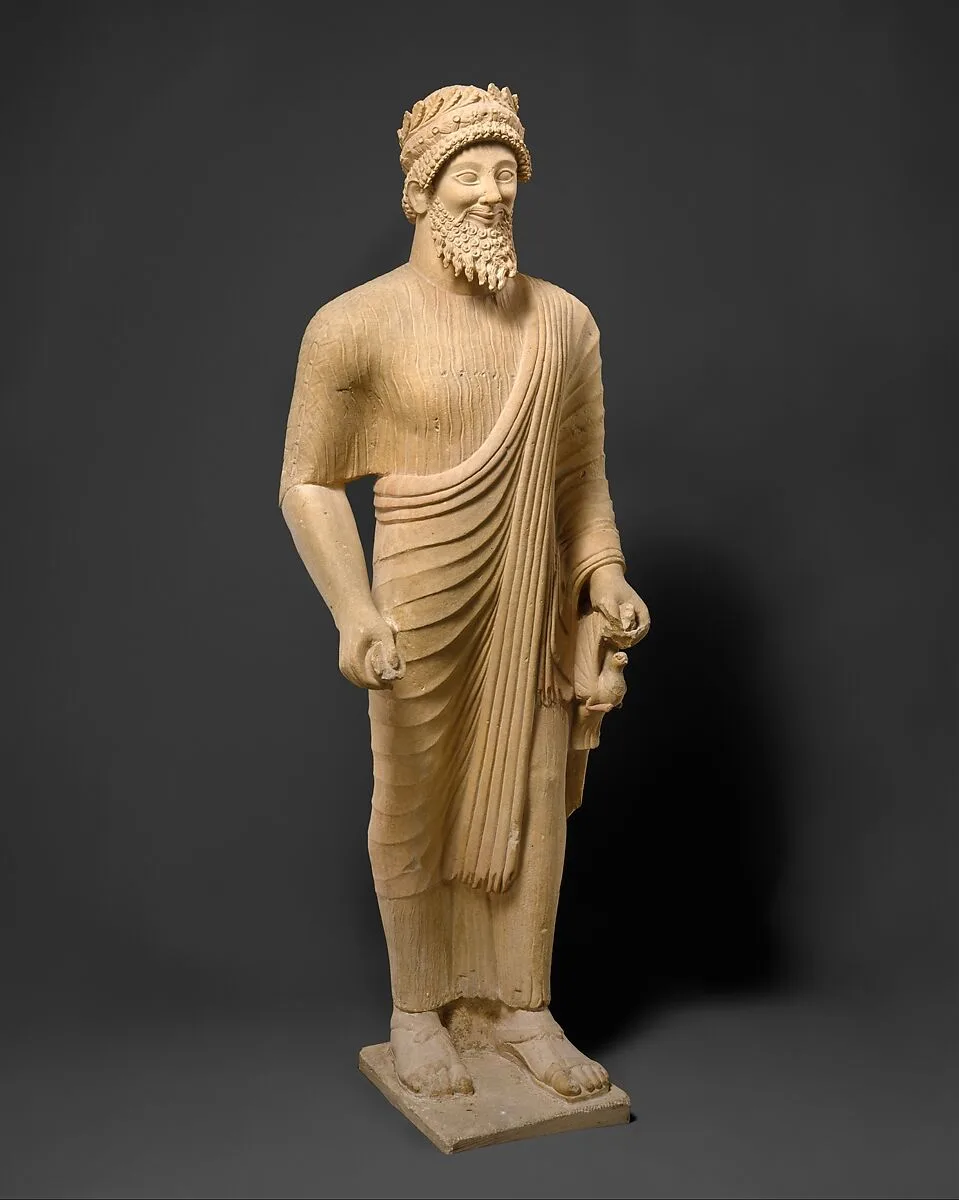 Limestone statue of a bearded man with votive offerings — Unknown