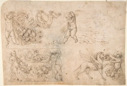 Studies after Antique Frieze Figures, Including Putti with Garlands, with a Chimera and Dolphins (recto); Sketch of a Head (verso)