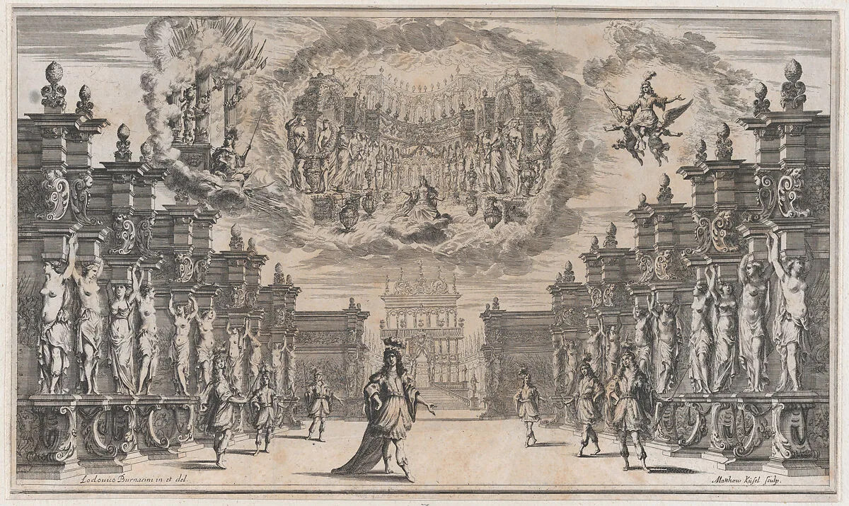 Courtyard of a palace with a man standing at center surrounded by attendants; above, a vision of a woman in a similar scene; set design from 'Il Pomo D'Oro' — Ludovico Ottaviano Burnacini|Mathäus Küsel