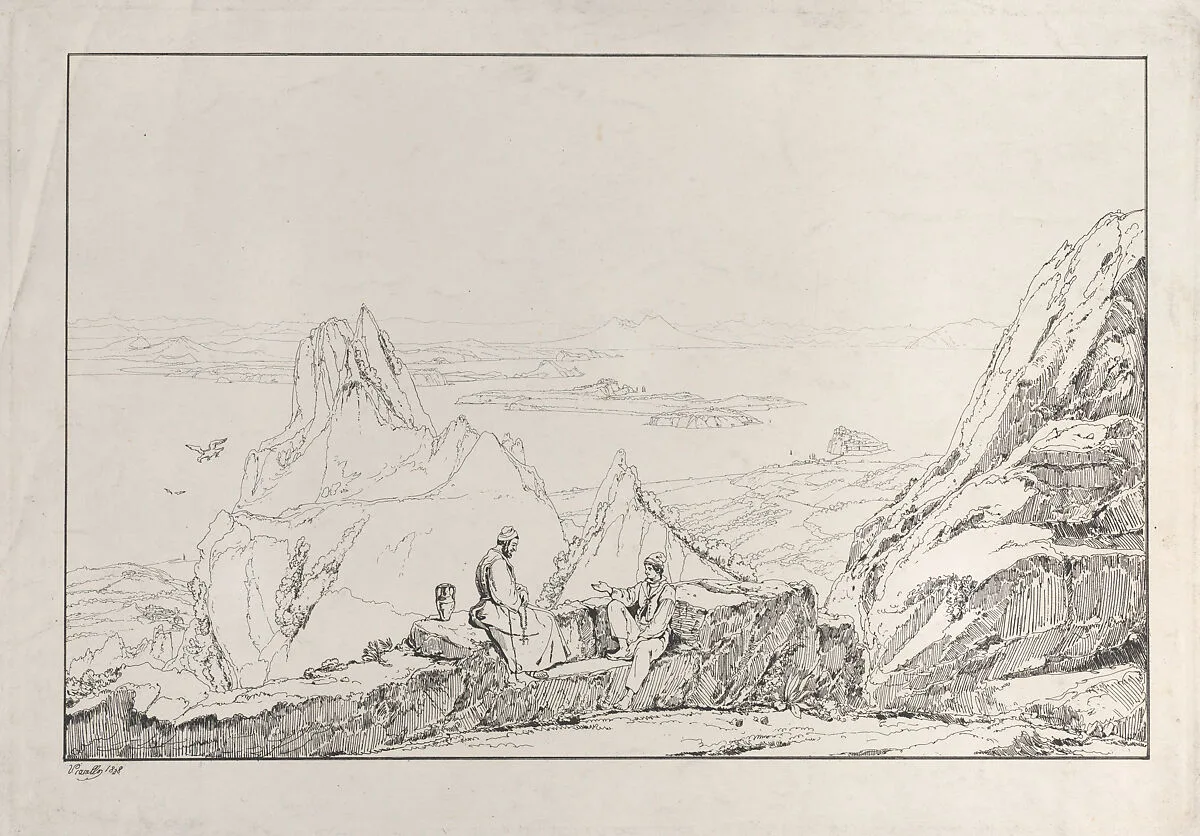Mountainous landscape with two men in the foreground — Antonio Vianello