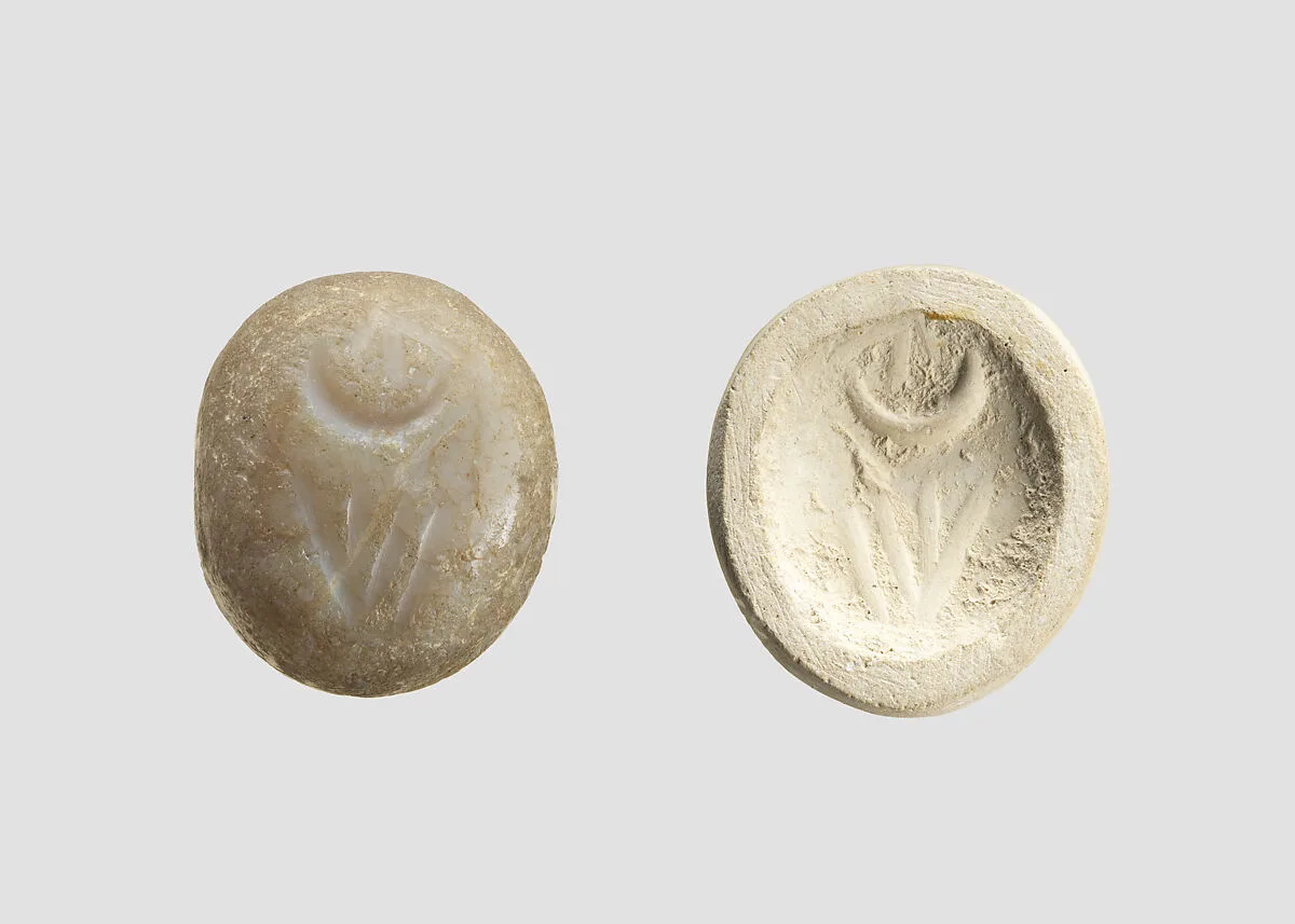 Stamp seal (oval conoid) with divine symbols — Unknown