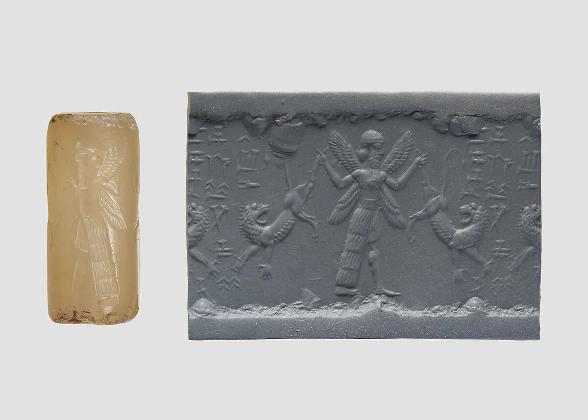 Cylinder seal with three-figure contest scene — Unknown