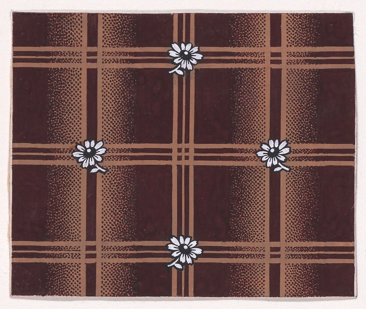 Textile Design with a Tartan Pattern and Stylized Daisies — Anonymous, Alsatian, 19th century