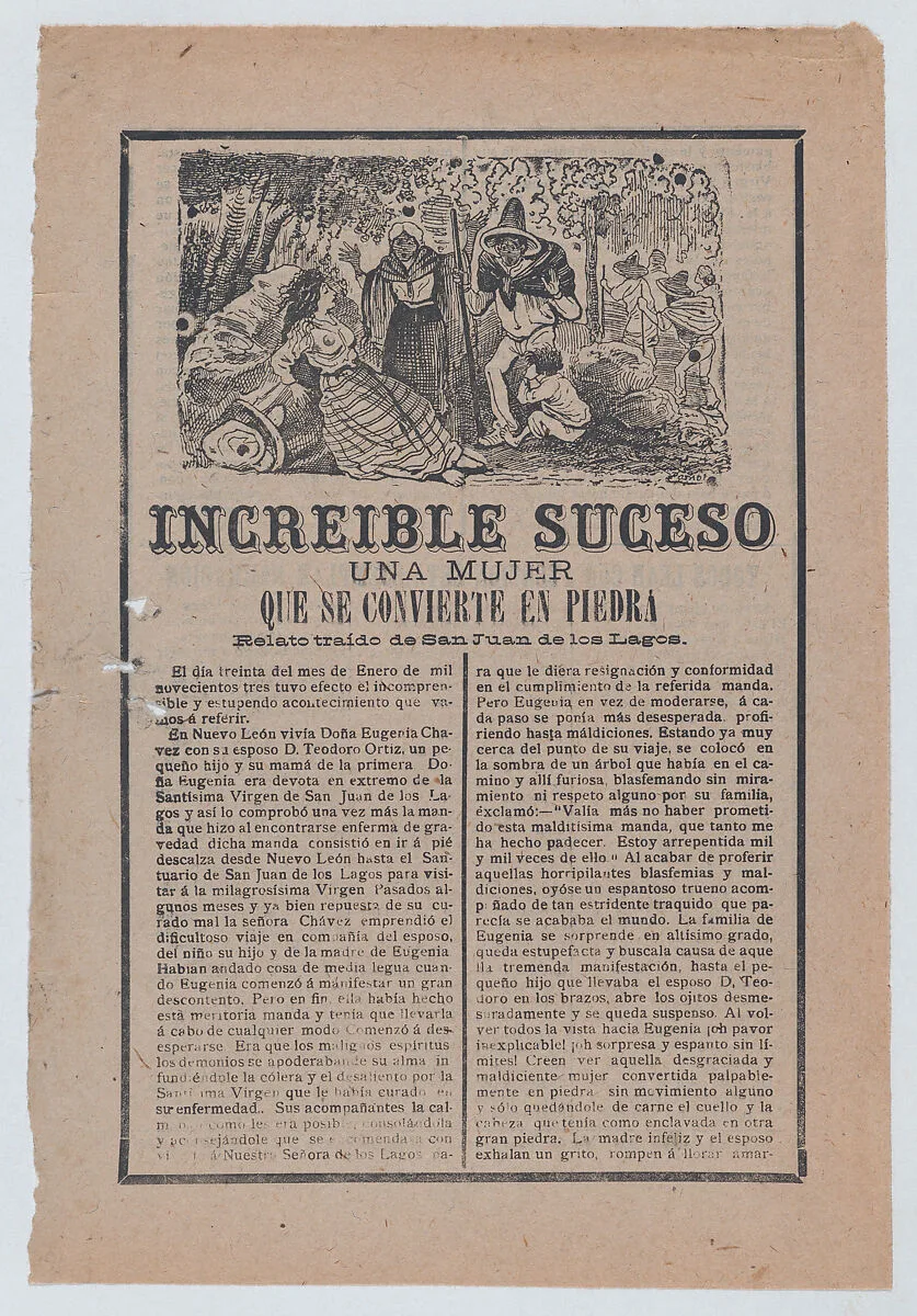 Broadsheet relating to a story about a woman who has turned into stone, a group of people discovering her in the woods — José Guadalupe Posada