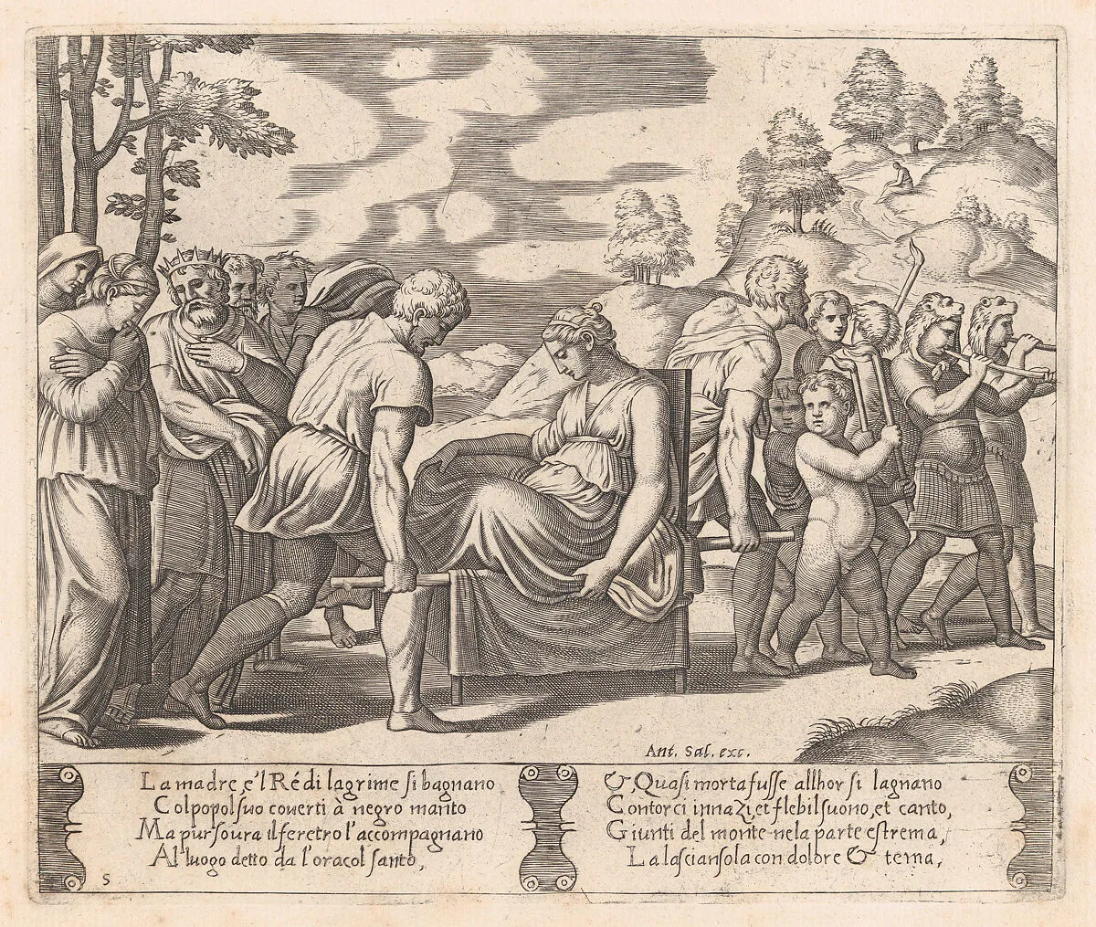 Plate 5: Psyche, seated, being taken to a mountain with a musical troupe leading the way, from "The Story of Cupid and Psyche as told by Apuleius" — Master of the Die|Antonio Salamanca|Michiel Coxie (I)