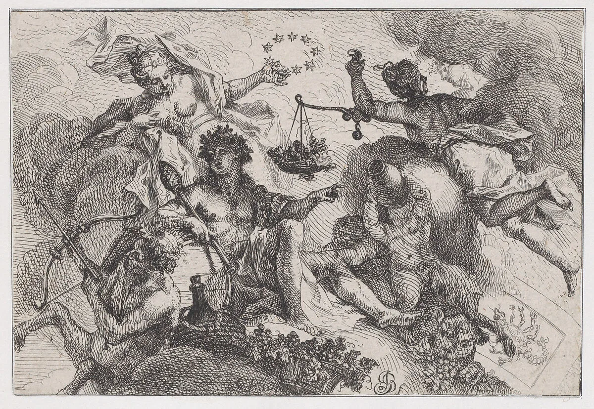 Summer: allegorical scene with figures seated on clouds with bunches of grapes — Johann Georg Bergmüller