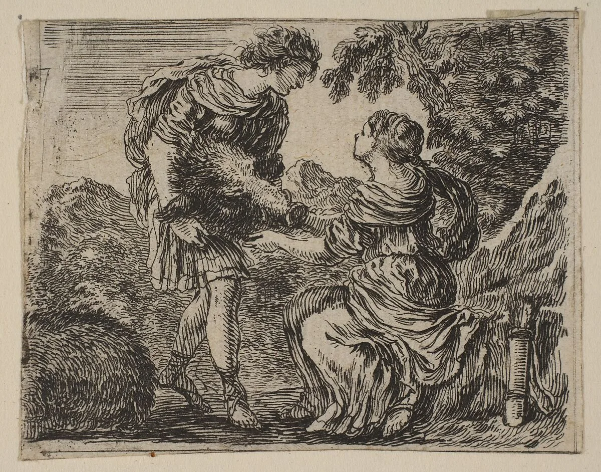 Meleager and Atalanta, from 'Game of Mythology' (Jeu de la Mythologie) — Stefano della Bella|Jean Desmarets de Saint-Sorlin|Henri Le Gras|Louis XIV, King of France|Cardinal Jules Mazarin