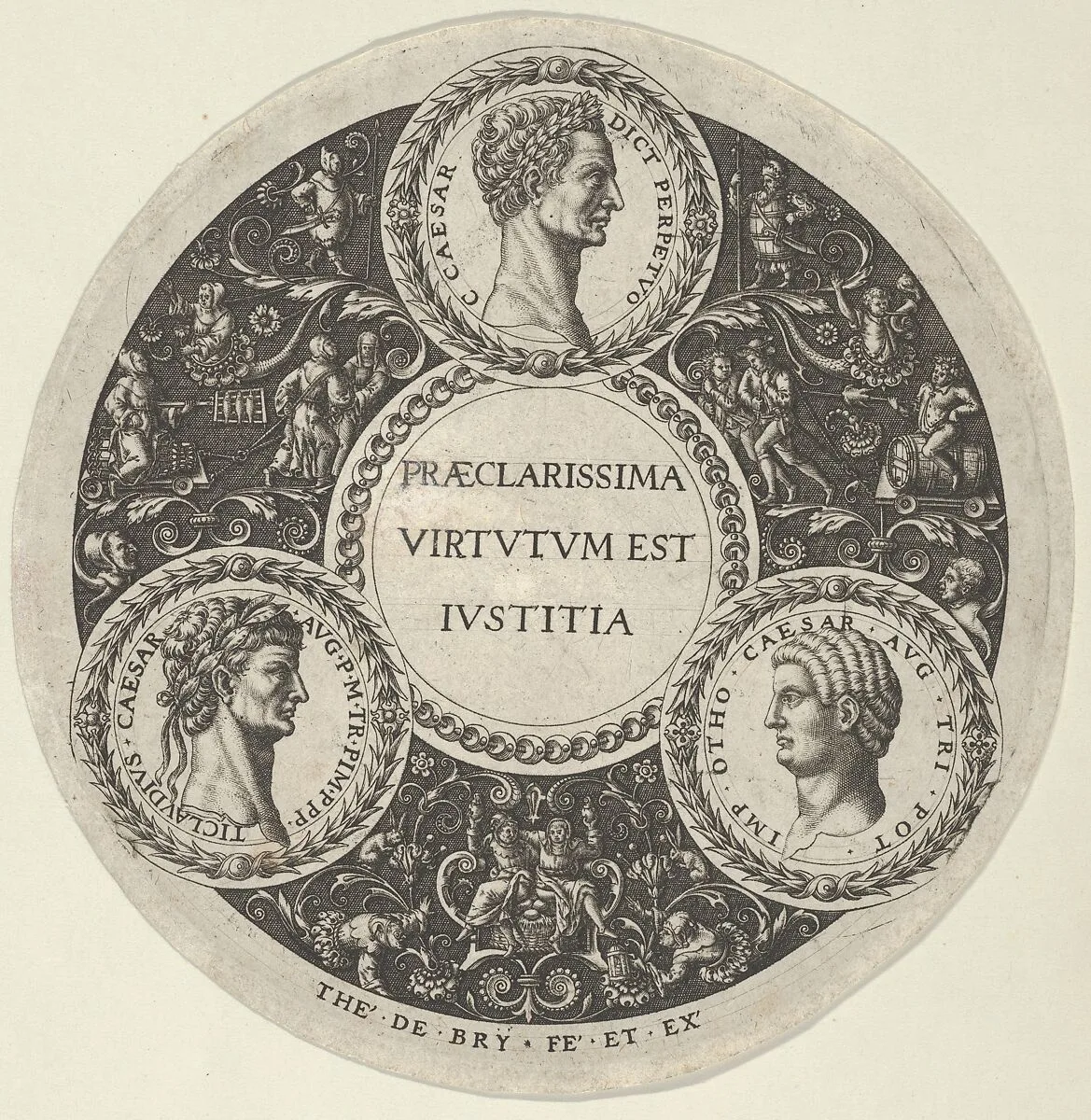 Design for a Dish with Portraits of the Roman Emperors Caesar, Claudius, and Otho — Theodor de Bry