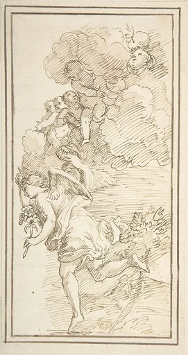 Archangel Holding a Lily in a Landscape with Clouds Bearing Putti (Fragment of a Scene of the Annunciation)
