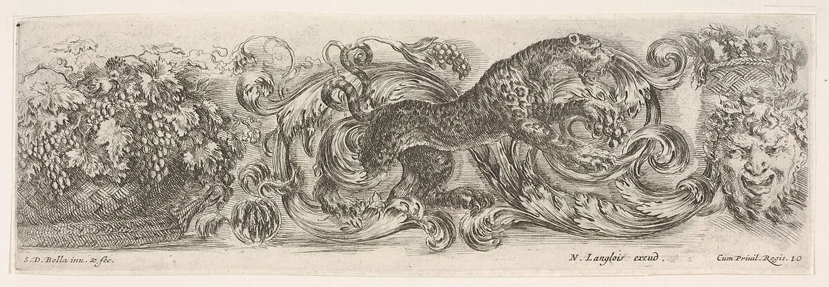 Design for a Frieze with Acanthus Scrolls and a Leopard in the Center, Plate 10 from: 'Decorative friezes and foliage' (Ornamenti di fregi e fogliami) — Stefano della Bella|Nicolas Langlois
