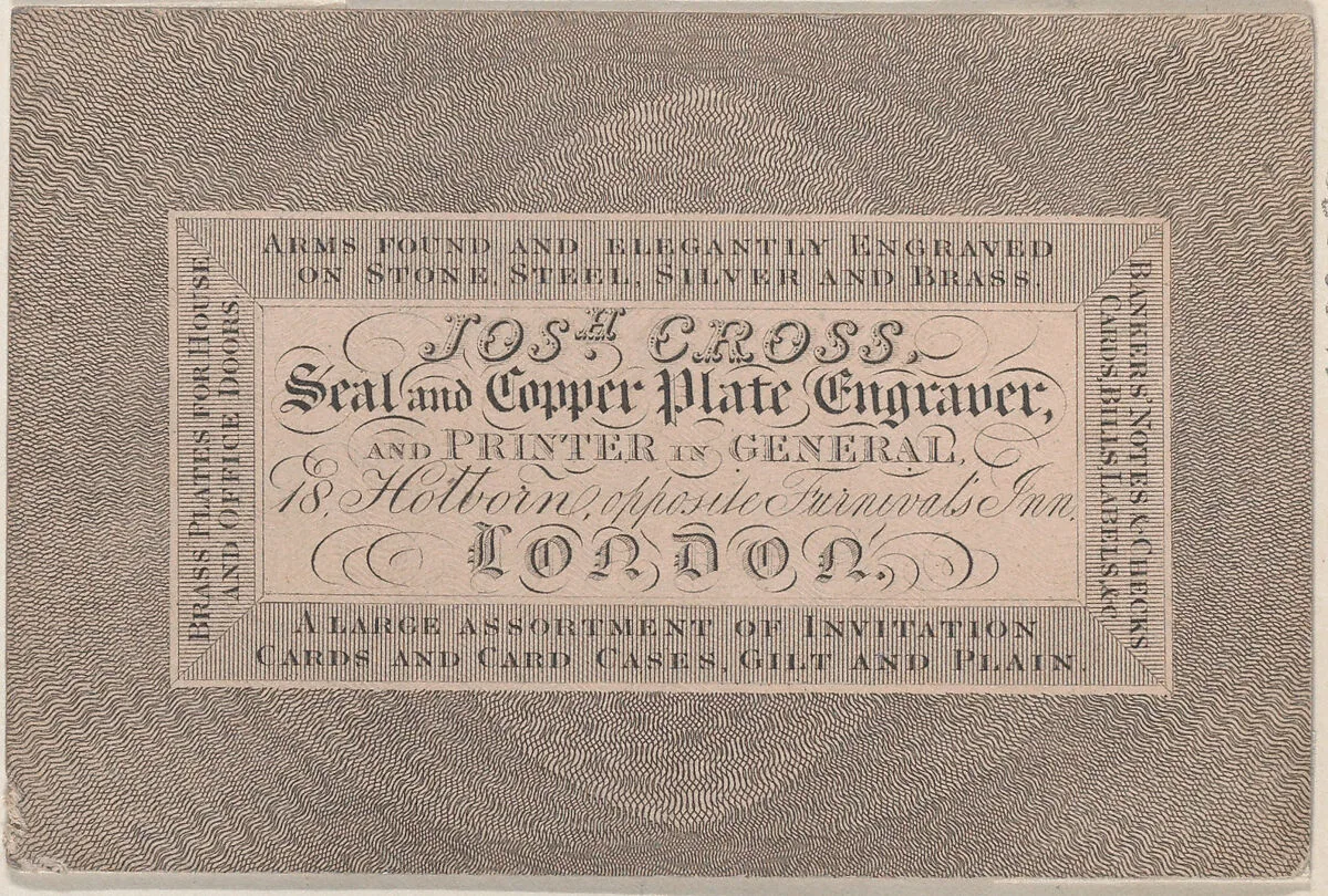 Trade Card for Josh Cross, Seal and Copper Plate Engraver — Anonymous, British, 19th century