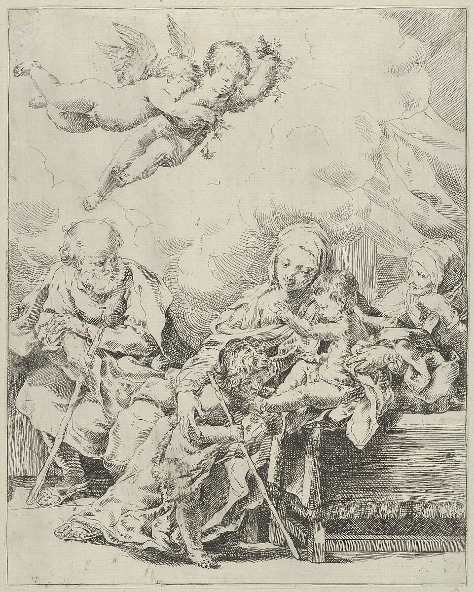 The Holy Family with young John the Baptist and Saint Elizabeth, two angels above, after Reni — Guido Reni|Anonymous, 17th century