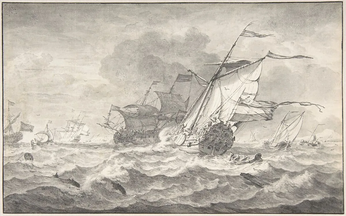 Merchant Ships and Smaller Sailing Boats in a Strong Breeze, Dolphins in the Waves — Hendrick Rietschoof
