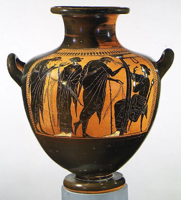 Terracotta hydria: kalpis (water jar) — Eucharides Painter