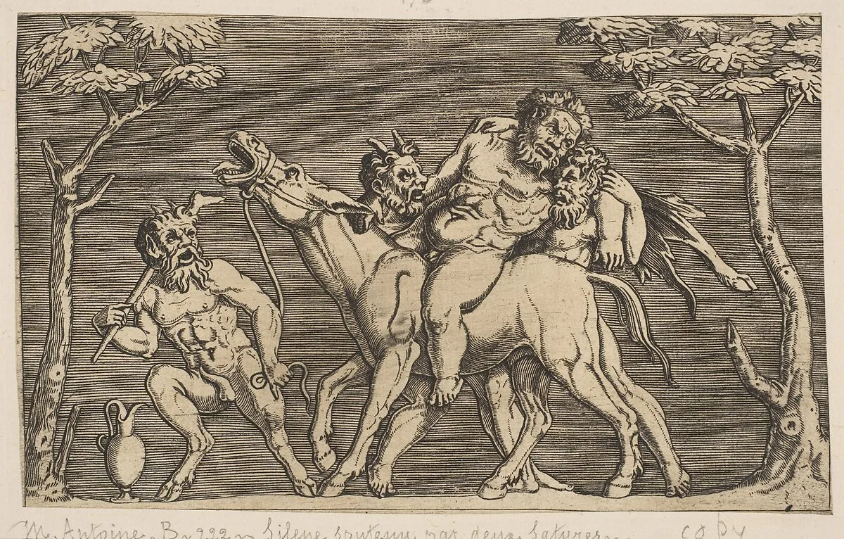 Two satyrs placing Silenus on a braying mule and a third satyr at left — Anonymous, Italian, 16th to early 17th century|Marco Dente