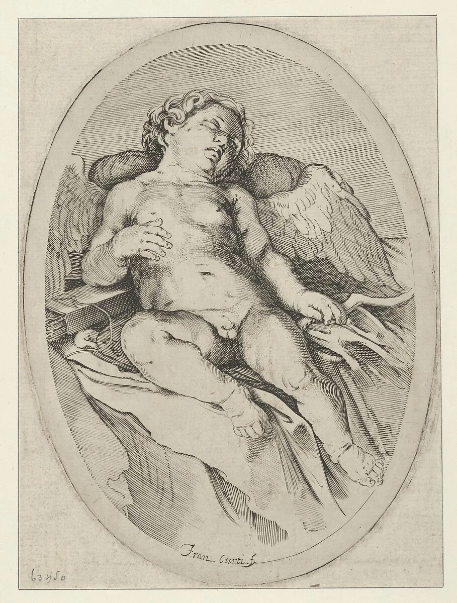 Cupid asleep, resting his right arm on his quiver and his left arm on his bow, an oval composition, after Reni — Guido Reni|Francesco Curti