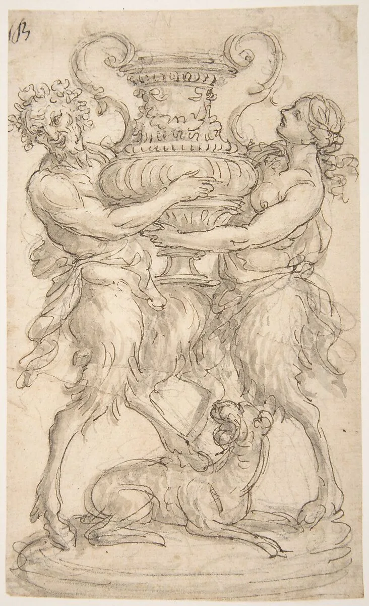 Design for a Sculpture consisting of a Satyr and Satyress holding a Vase — Giovanni Battista Foggini