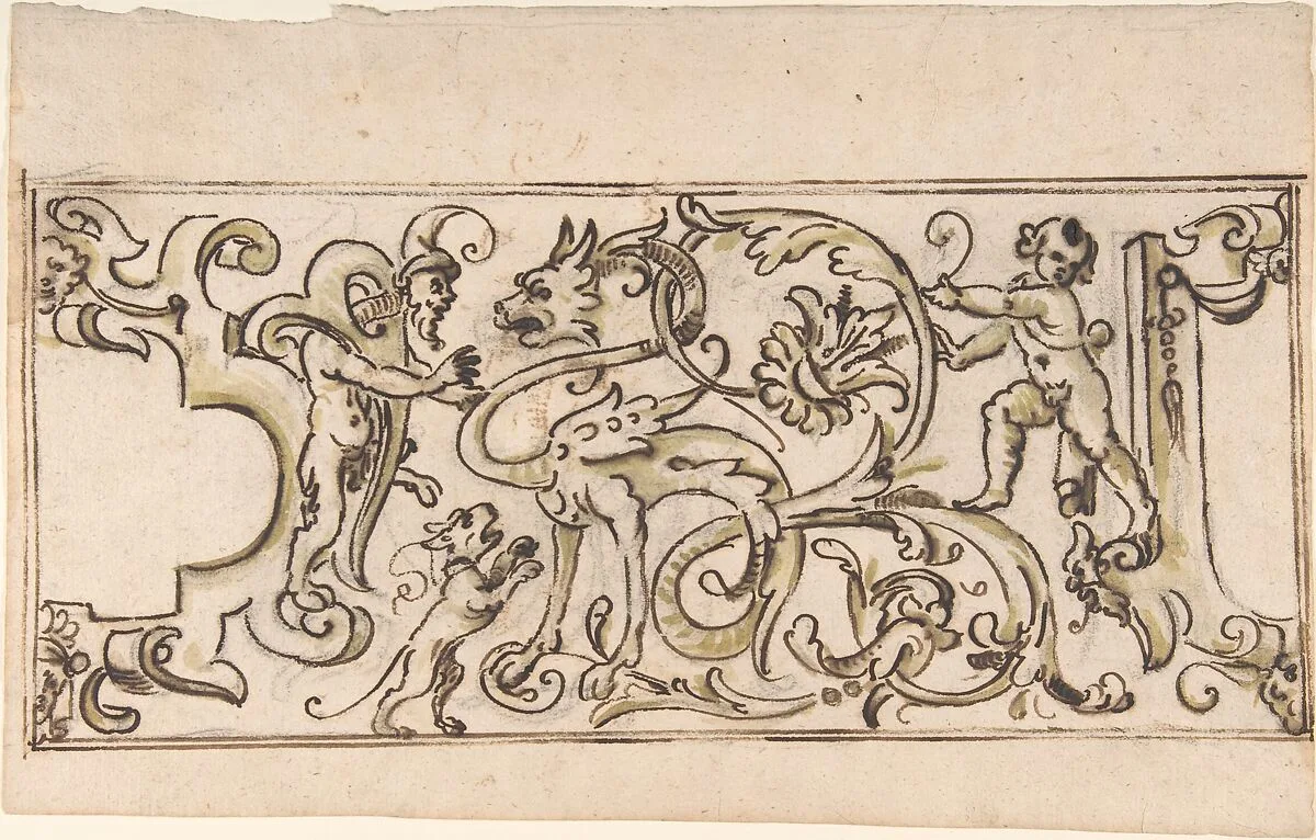 Grotesque Ornament Drawing — Anonymous, Italian, 17th century