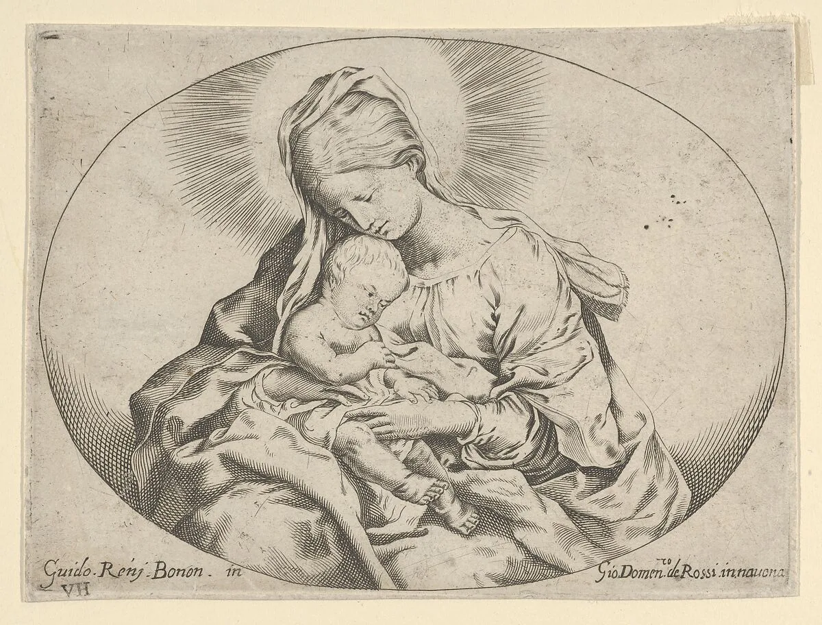The Virgin holding the infant Christ, an oval composition, after Reni — Guido Reni|Anonymous, 17th century|Giovanni Domenico de Rossi