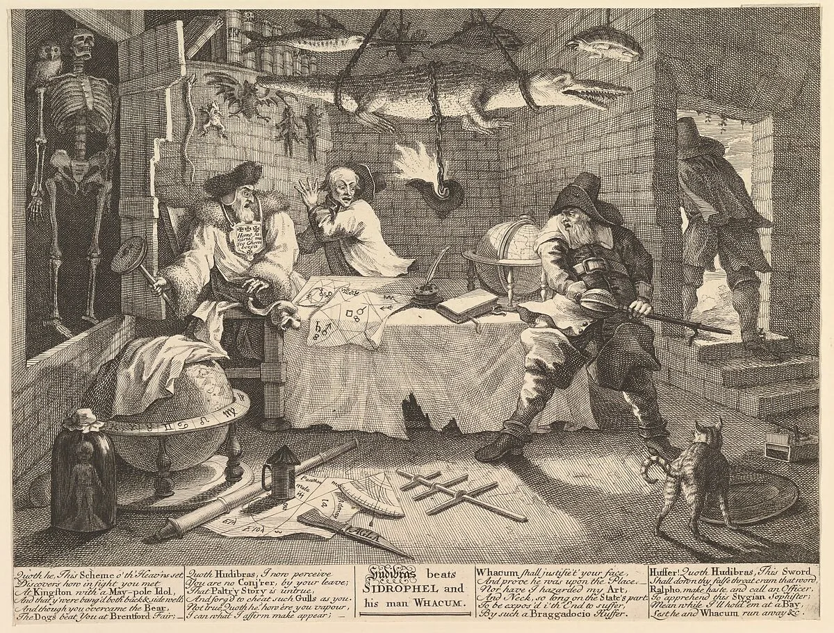 Hudibras beats Sidrophel and his man Whacum (Twelve Large Illustrations for Samuel Butler's Hudibras, Plate 8) — Philip Overton|John Cooper|William Hogarth|Samuel Butler