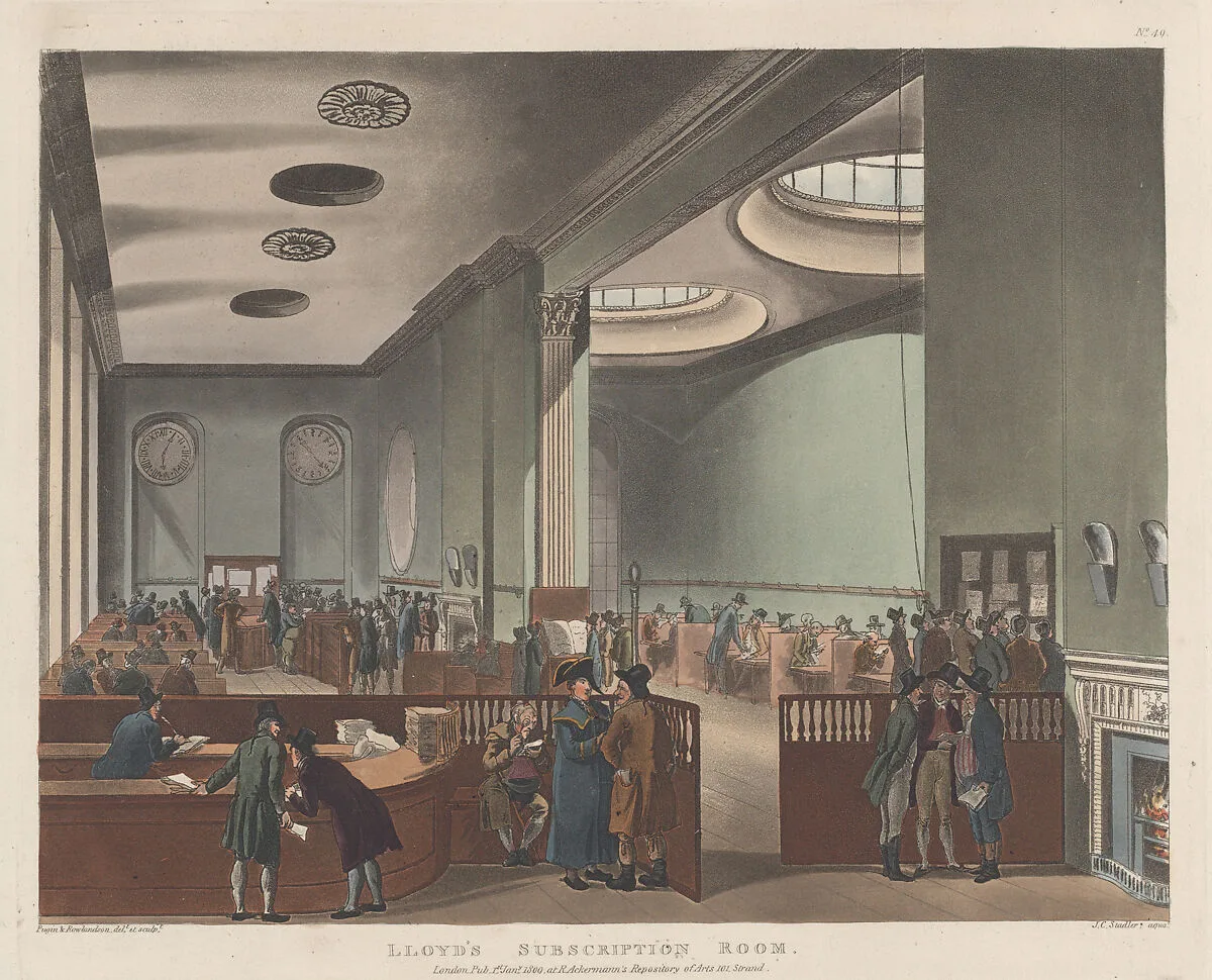 Lloyd's Subscription Room — Thomas Rowlandson|Rudolph Ackermann, London|Joseph Constantine Stadler|Auguste Charles Pugin