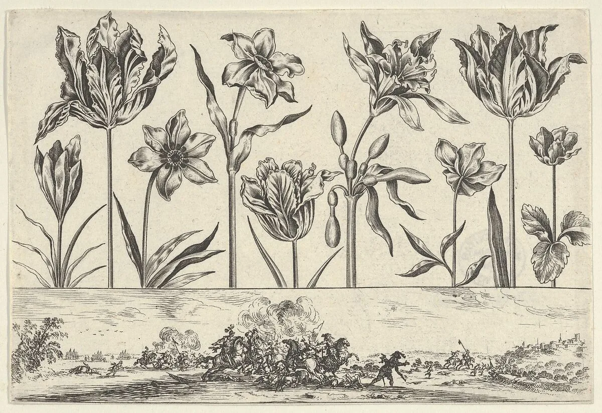 Horizontal Panel with a Row of Flowers Above a Frieze with a Battle Scene in a Landscape, from "Livre Nouveau de Fleurs Tres-Util" — Nicolas Cochin|Balthazar Moncornet