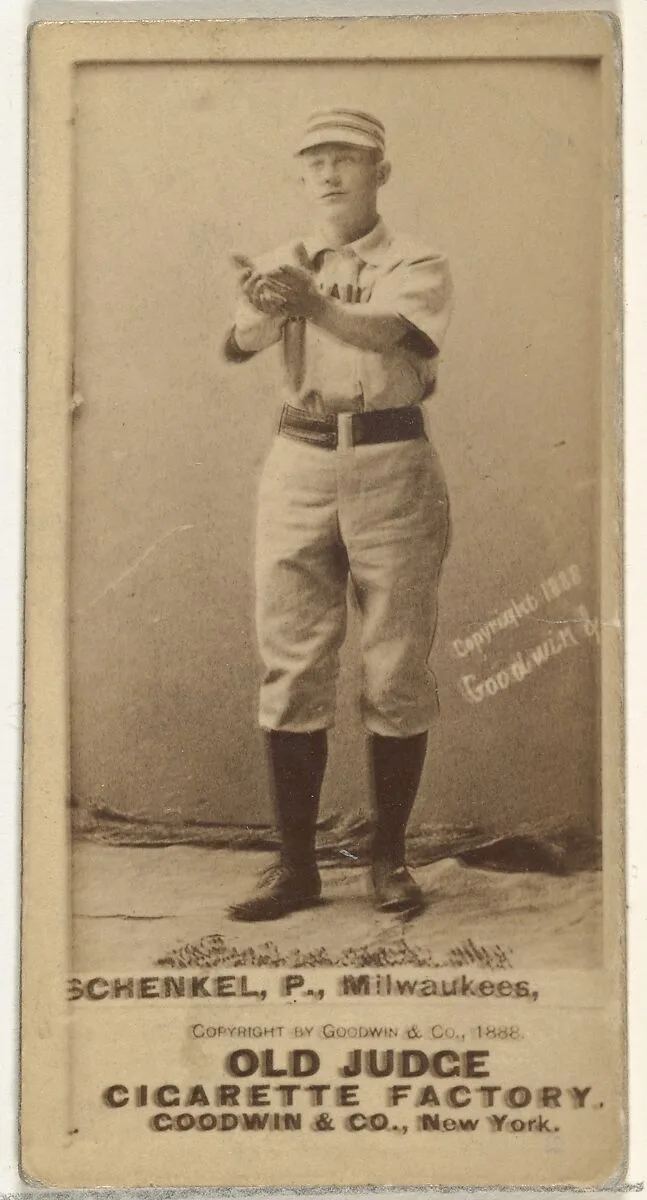 William Shenkel, Pitcher, Milwaukee, from the Old Judge series (N172) for Old Judge Cigarettes — Goodwin & Company
