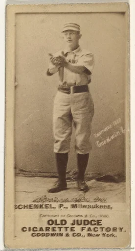 William Shenkel, Pitcher, Milwaukee, from the Old Judge series (N172) for Old Judge Cigarettes