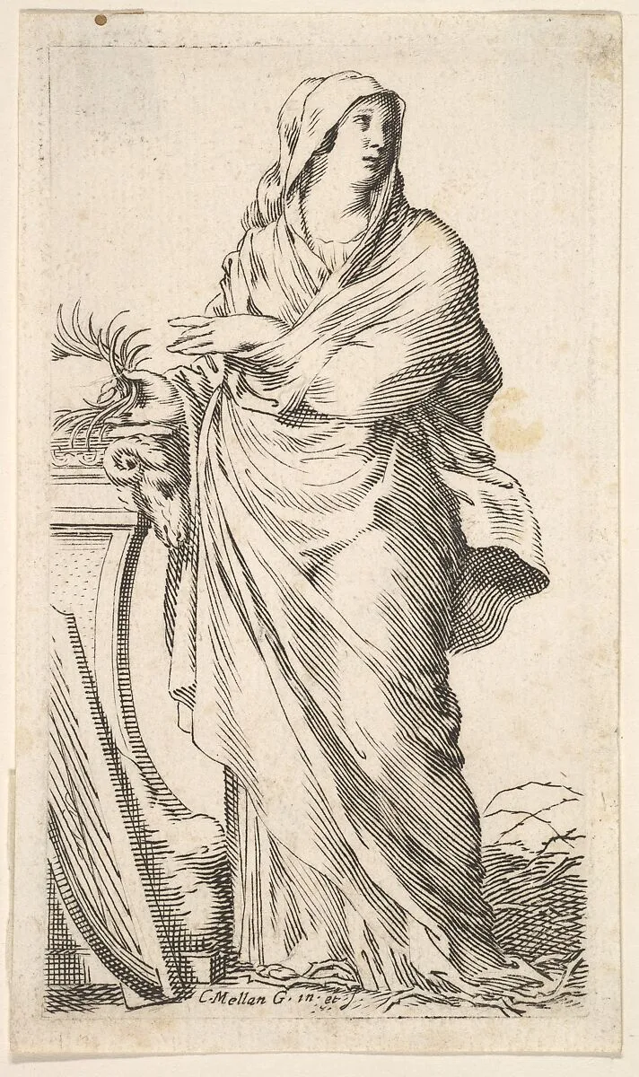 Robed woman standing next to a plinth, her right hand bears a palm branch, a harp rests against the plinth — Claude Mellan