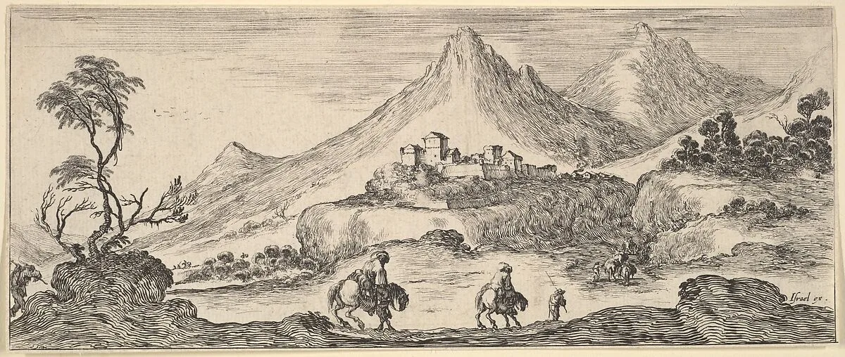 Two horseman descend a hill in center, following another man on foot, a castle in the mountains in the center background, from 'Various landscapes' (Divers paysages) — Stefano della Bella|Israël Henriet