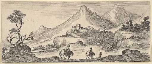 Two horseman descend a hill in center, following another man on foot, a castle in the mountains in the center background, from 'Various landscapes' (Divers paysages)