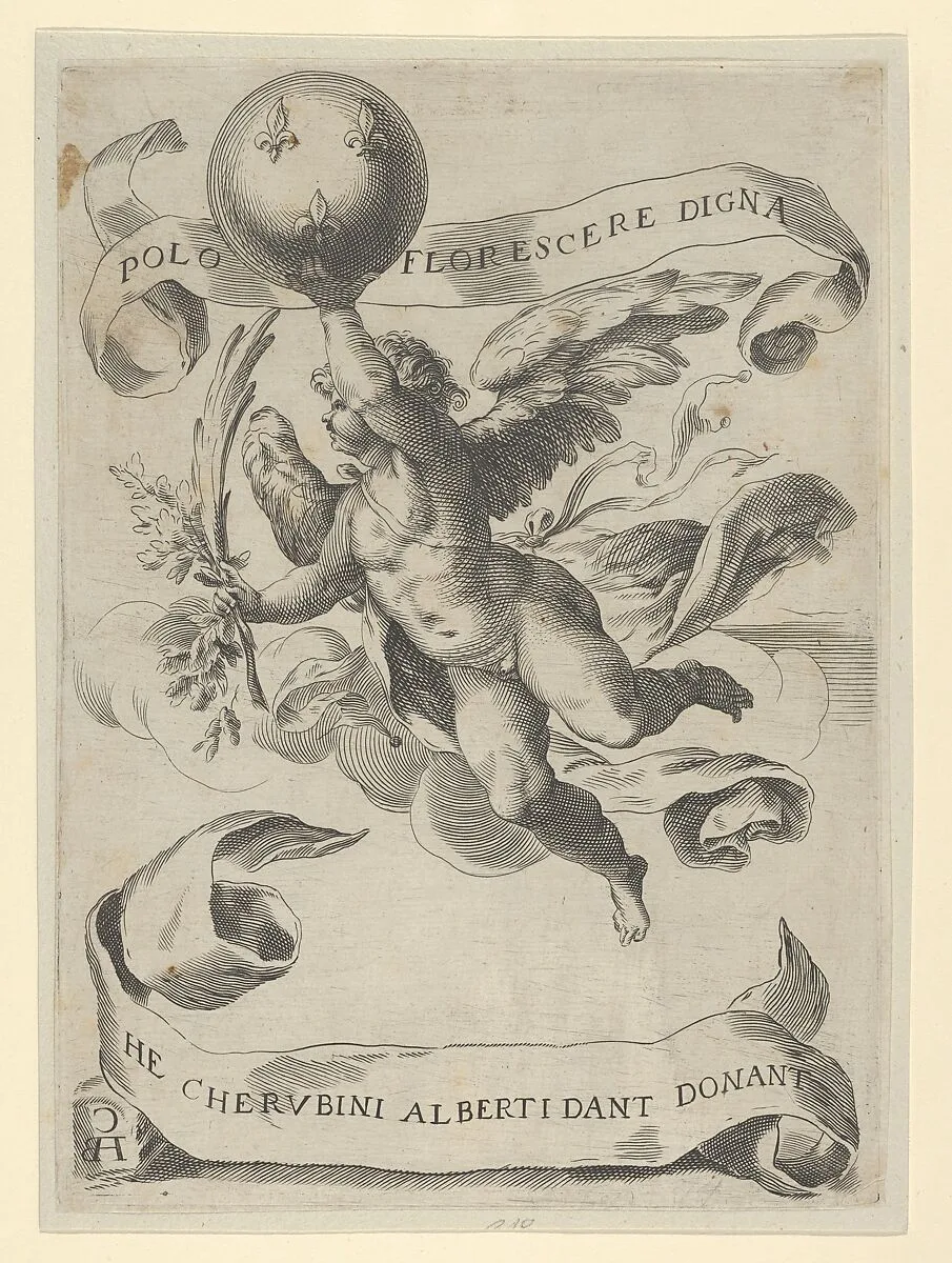 Winged genius with the Arms of the Medici in his right hand and foliage in his left — Cherubino Alberti (Zaccaria Mattia)