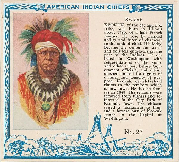 Card No. 27, Keokuk, from the Indian Chiefs series (T129) issued by Red Man Chewing Tobacco — Red Man Chewing Tobacco