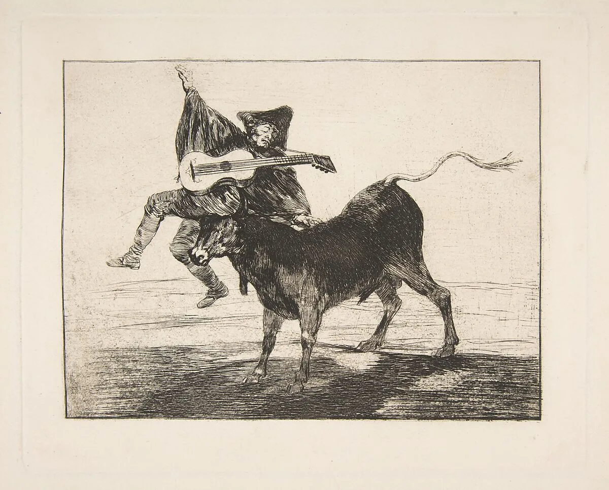 'Barbarous Entertainment', a blind guitarist on the horns of a bull — Goya (Francisco de Goya y Lucientes)