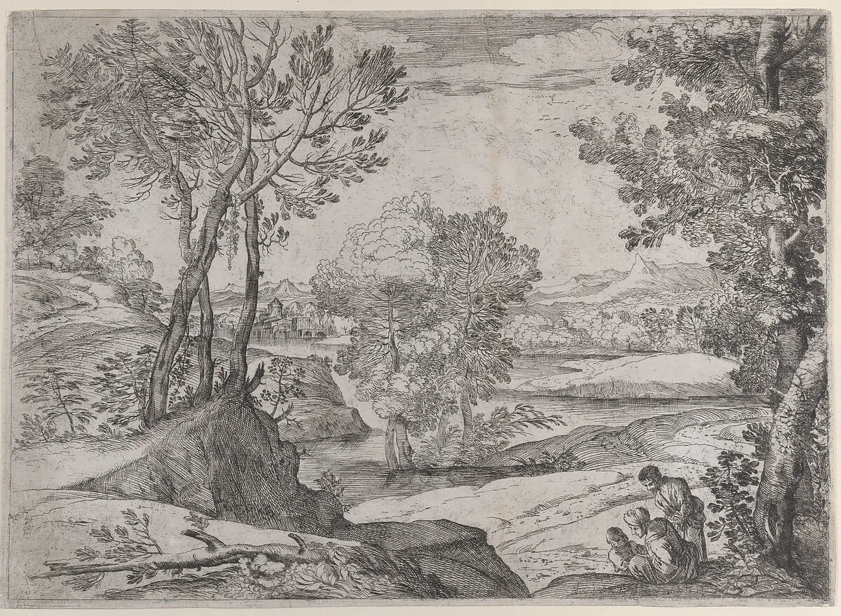A family seated alongside a river — Giovanni Francesco Grimaldi