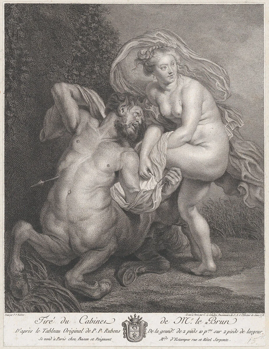 Deianeira receiving the poisoned tunic from Nessus, and the wounded centaur falling to the ground at left — Christian Gottfried Schultze|Peter Paul Rubens|Basan et Poignant