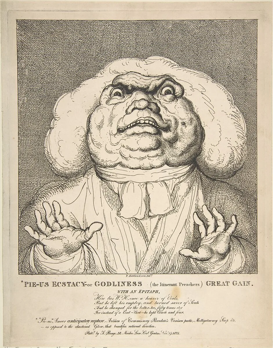 Pie-Us Ecstacy – or Godliness (the Itinerant Preachers) Great Gain — William Huntington|Alexander Beugo|Thomas Rowlandson