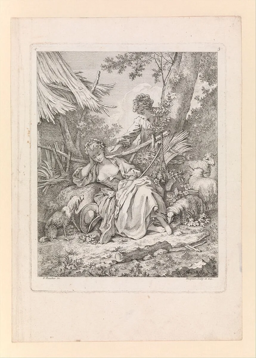 Plate 3: Shepherd tickling a sleeping Shepherdess with a piece of straw, from Troisieme Livre de Sujets et Pastorales (Third Book of Subjects and Pastorals) — François Boucher|Gabriel Huquier|Gabriel Huquier
