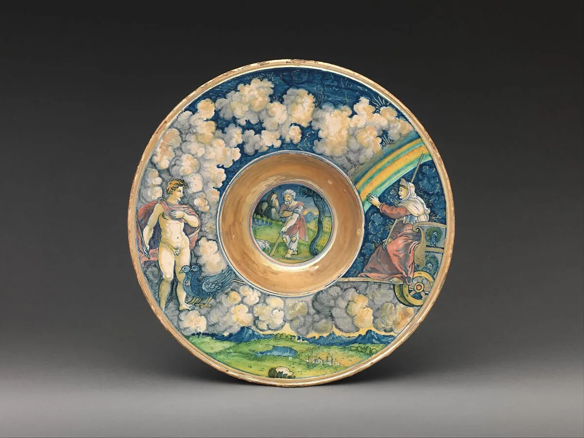 Wide-rimmed bowl with figures from Virgil's Aeneid — Maestro Giorgio Andreoli|Marcantonio Raimondi|Raphael (Raffaello Sanzio or Santi)|Painter of the Three Graces