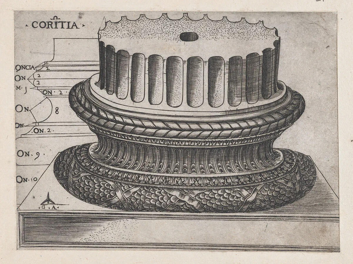 Speculum Romanae Magnificentiae: Corinthian base — Monogrammist G.A. & the Caltrop