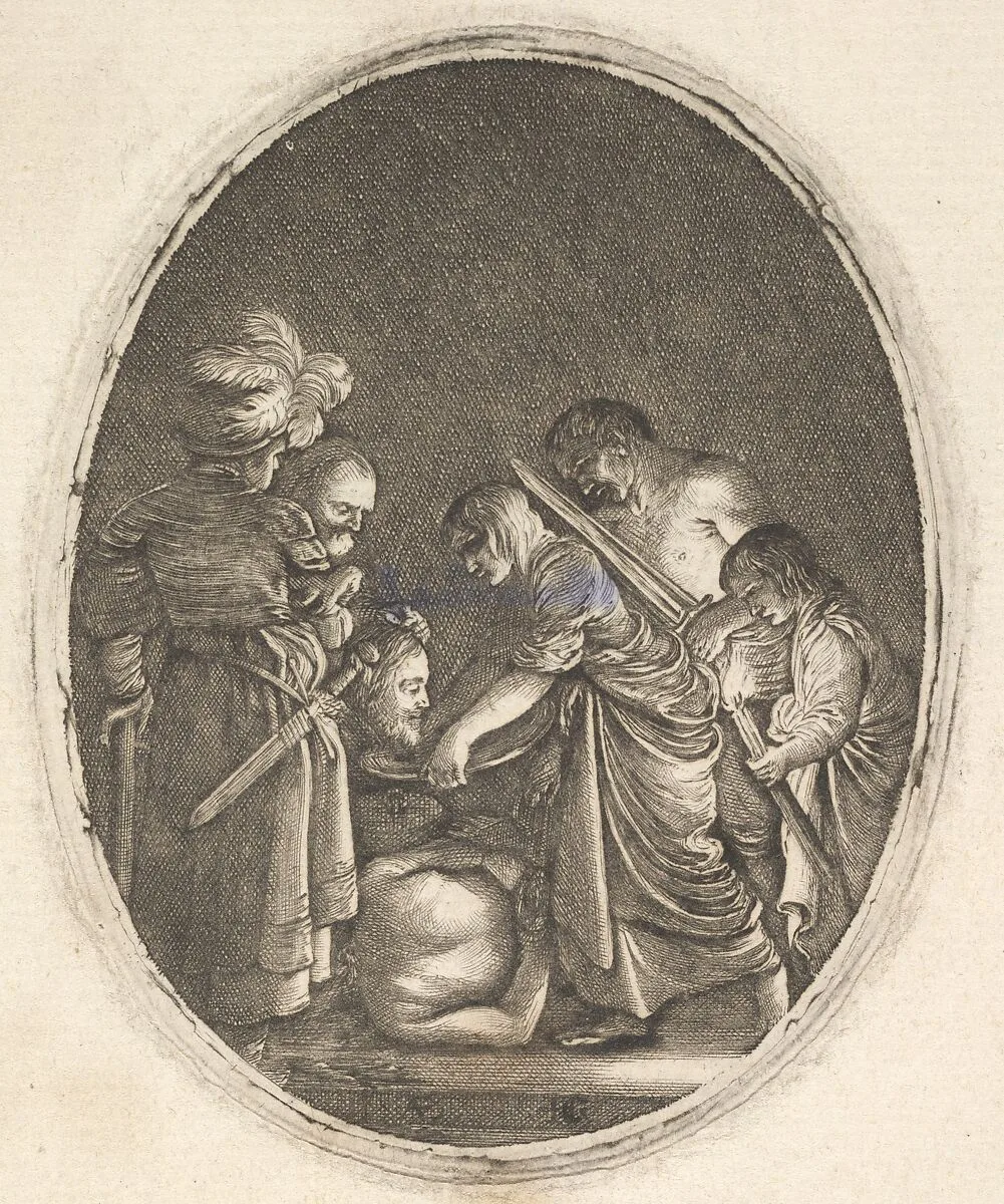 Salome receiving the head of John the Baptist, surrounded by three men and a child bearing a torch, the Baptist's body lies on the ground, an oval composition — Hendrick Goudt|Adam Elsheimer