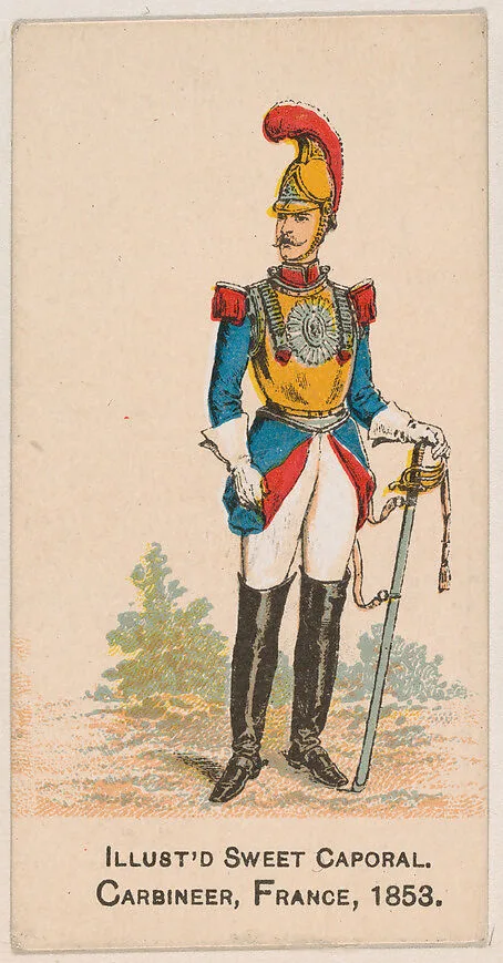 Carbineer, France, 1853, from the Military Series (N224) issued by Kinney Tobacco Company to promote Sweet Caporal Cigarettes — Kinney Brothers Tobacco Company