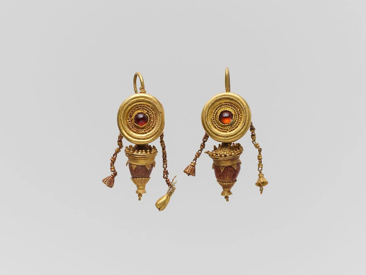 Pair of gold, garnet, and glass paste disk and pendant earrings — Unknown