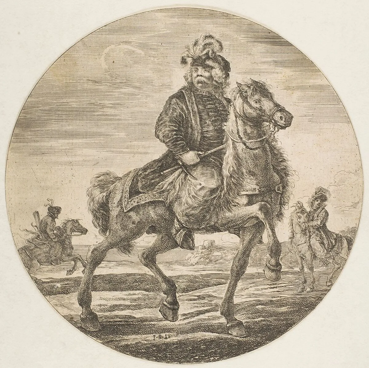 Hungarian horseman riding towards the right, other horsemen in the background, a circular composition from "Figures on Horseback (Cavaliers nègres, polonais et hongrois) — Stefano della Bella